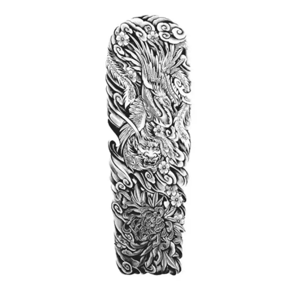 Black and white Sakura & Phoenix full sleeve tattoo sticker with phoenix, mythical beast, chrysanthemums