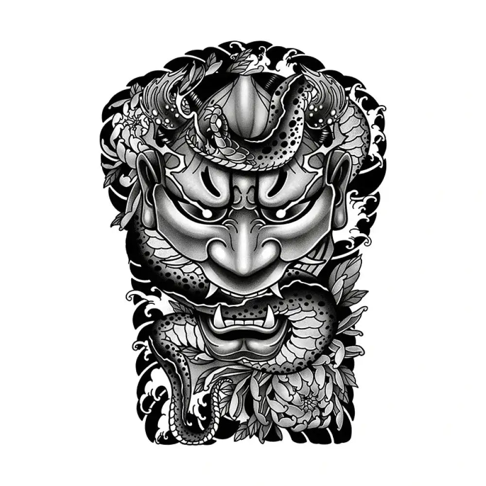 Black and white Japanese oni mask and snake tattoo design for full back
