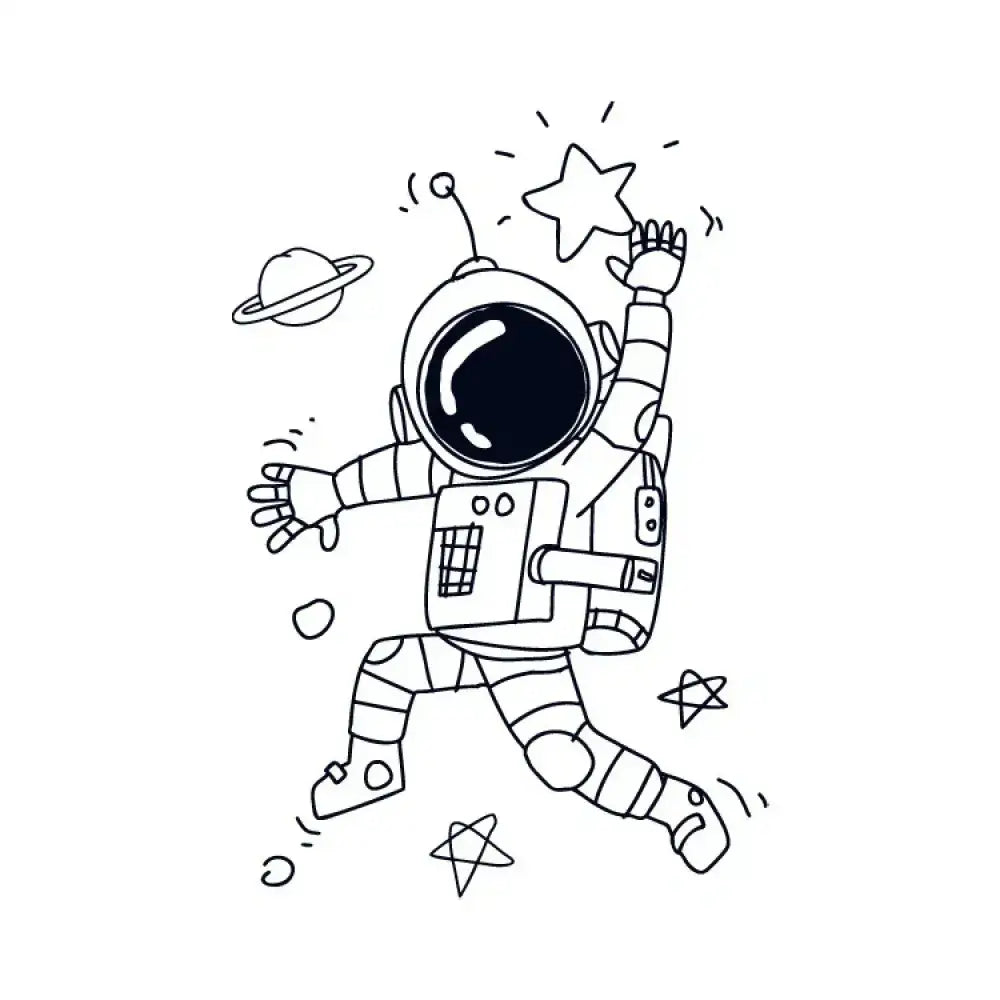 Little Spaceman tattoo sticker: line drawing of astronaut reaching for star