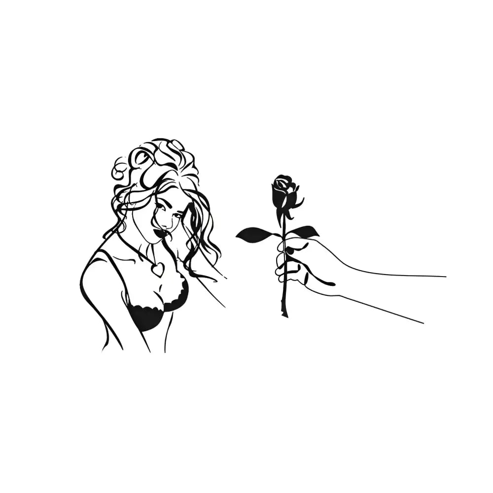 Line drawing of woman in bra eyeing hand-offered rose, Rose to the Lady tattoo sticker design