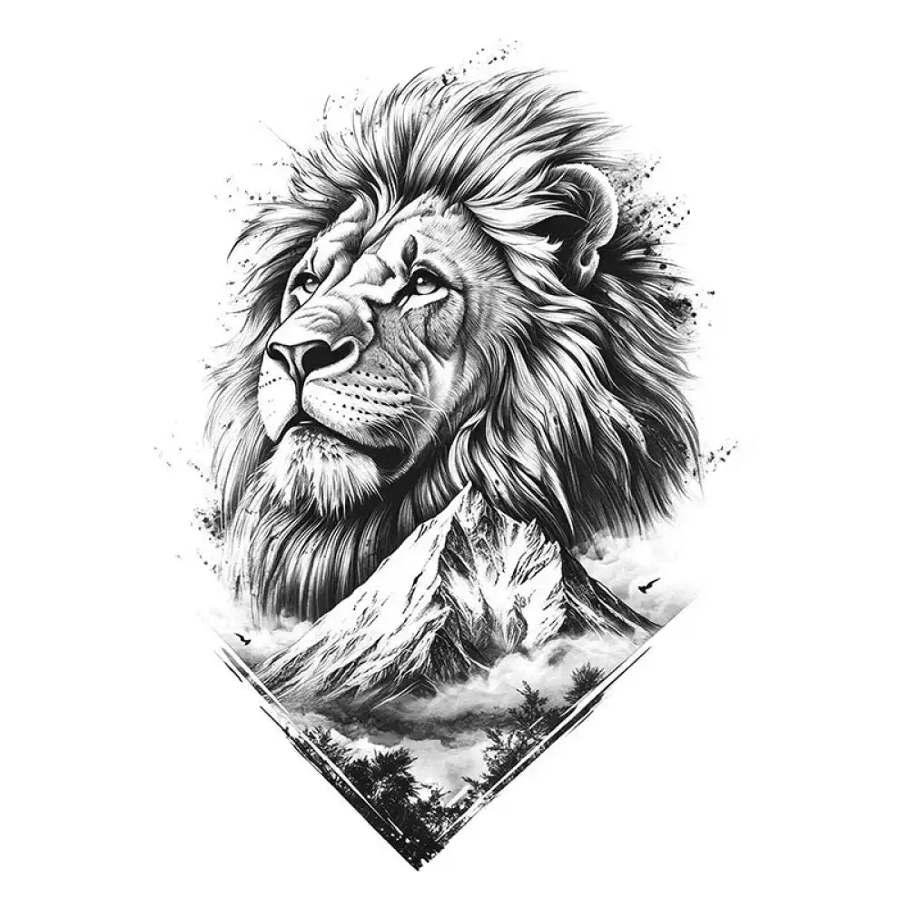 Monochromatic lion head tattoo design with mountain landscape