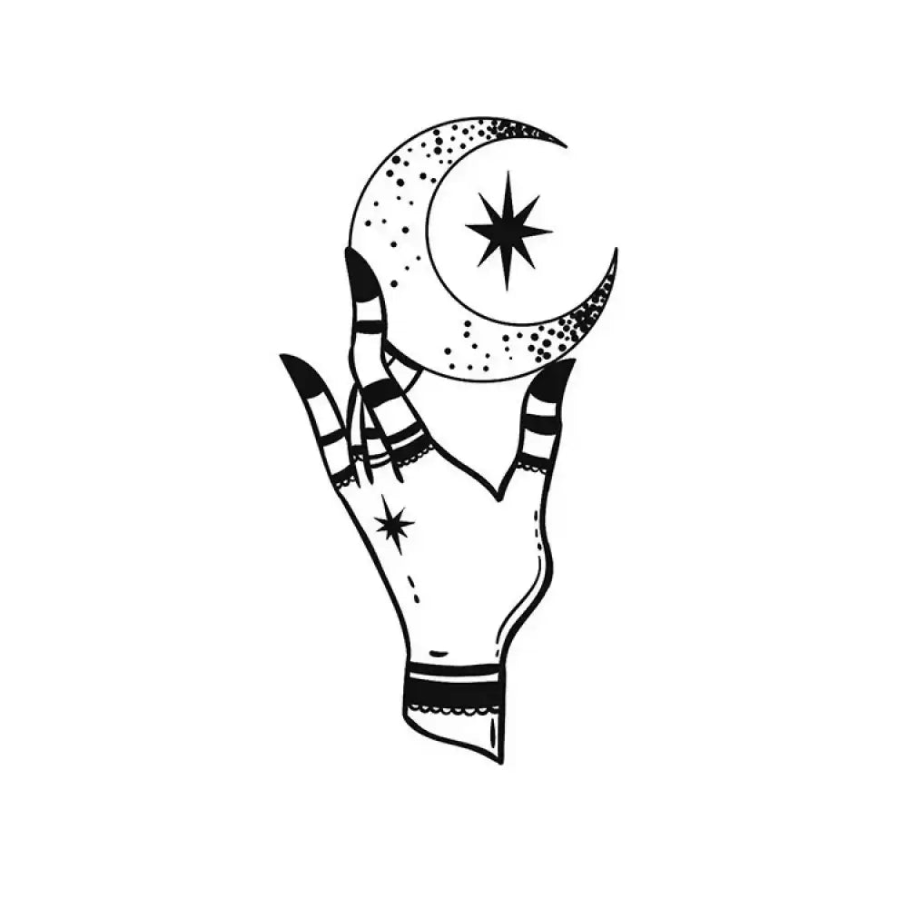 Stylized hand holding crescent moon with star, Moon on Fingertips small tattoo design