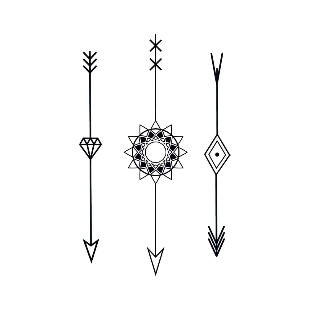 Three minimalist arrow tattoo designs with geometric elements