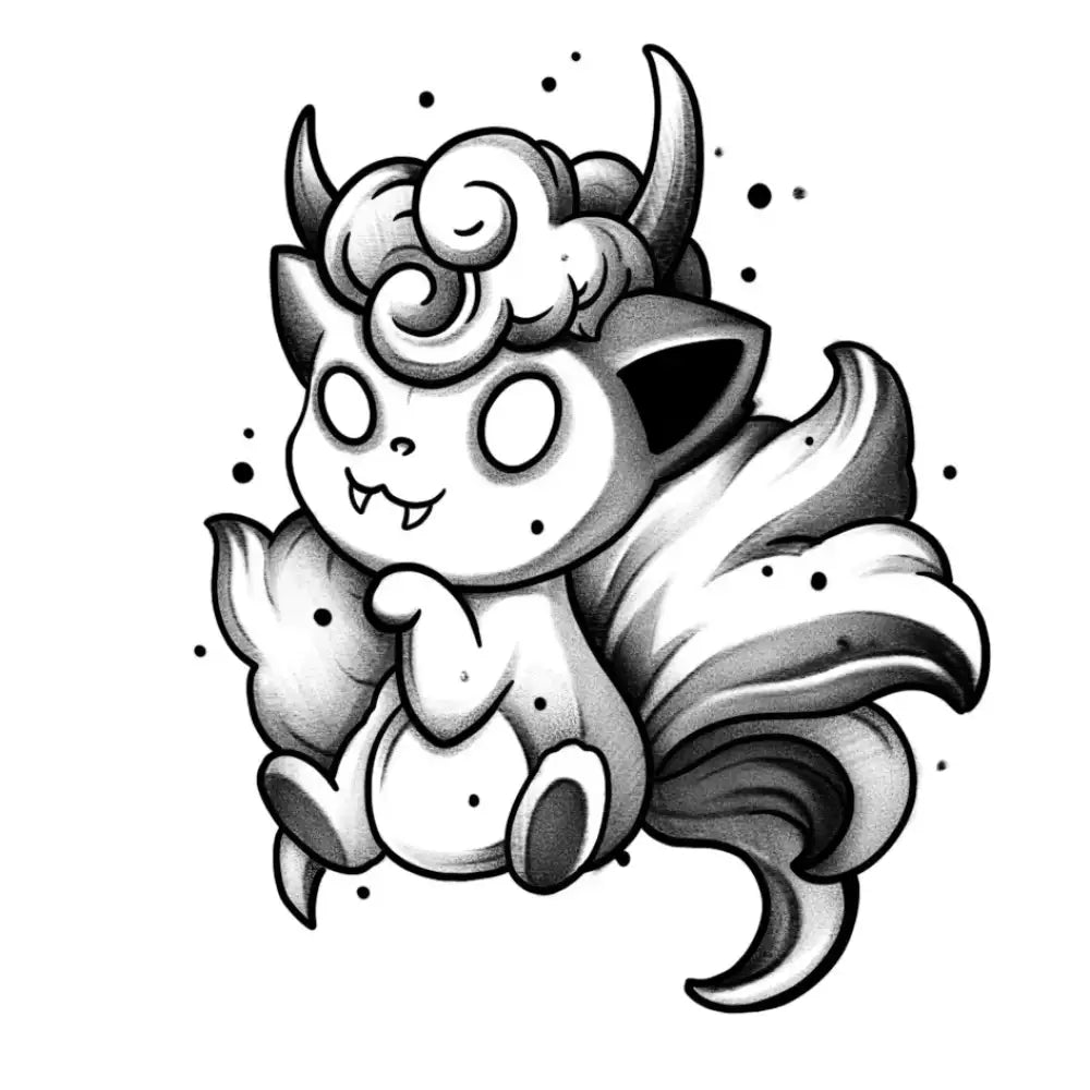 Cute 9-Tailed Fox tattoo sticker with fluffy horned creature and fangs