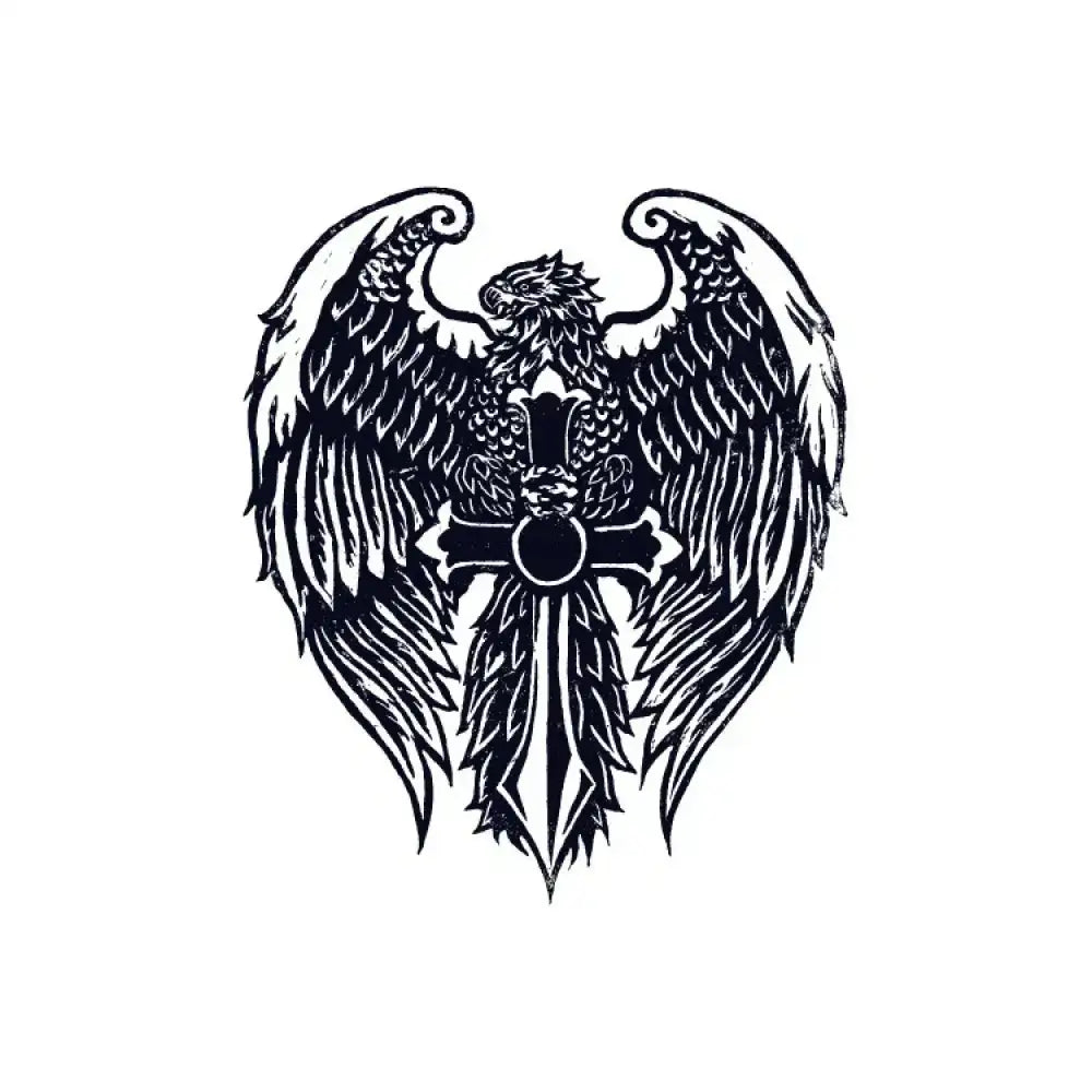 Black and white eagle with outstretched wings holding sword-like cross tattoo sticker
