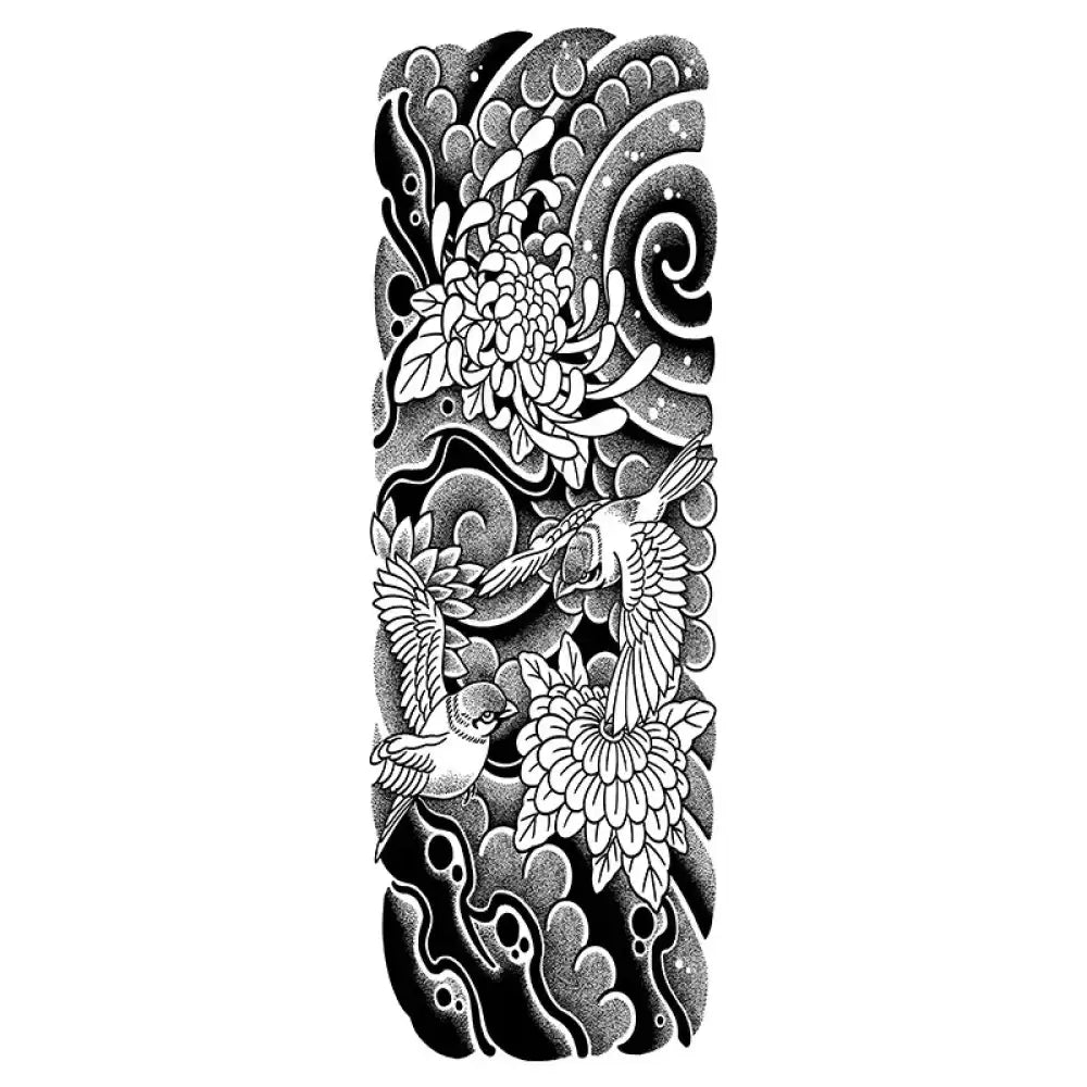 Birds & Flower Ukiyo-e black and white tattoo sticker sleeve with chrysanthemums