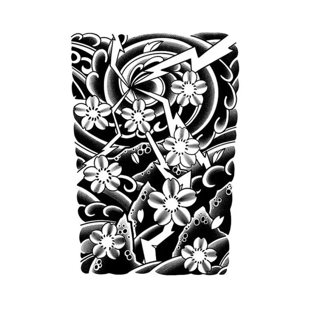 Black and white sakura ukiyo-e tattoo sticker with cherry blossoms and lightning bolts