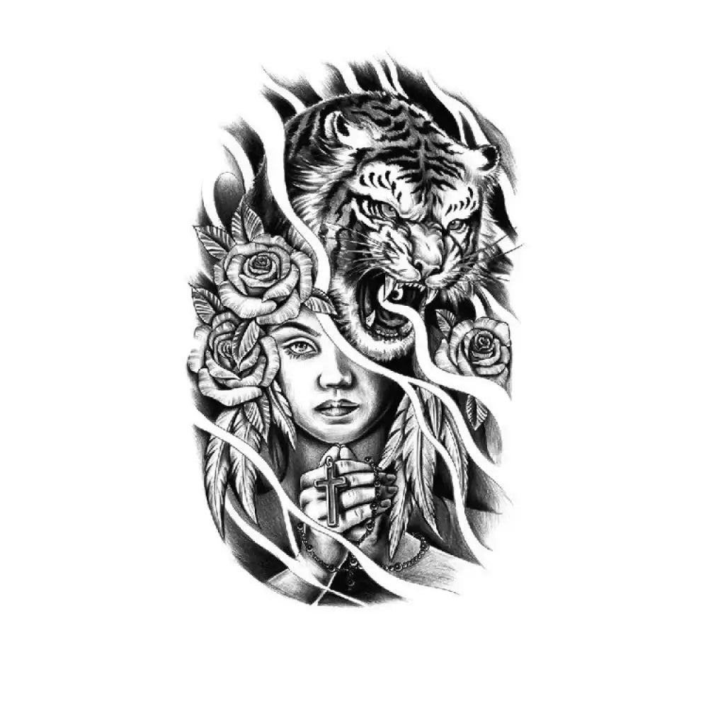 Black and white tiger roses cross tattoo sticker design with woman and feathers