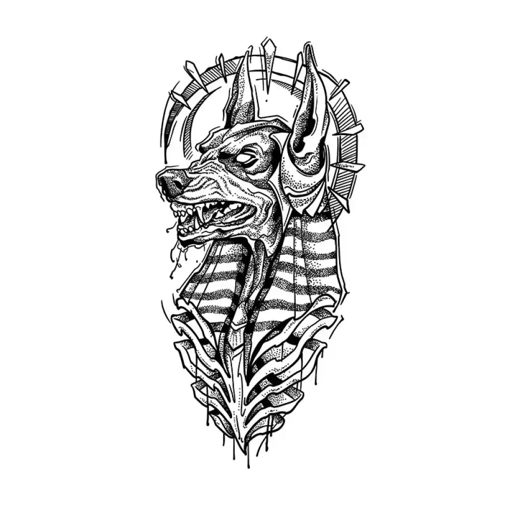 Anubis in Glory tattoo sticker featuring an Anubis-like dog head with sharp teeth and an intricately designed headdress