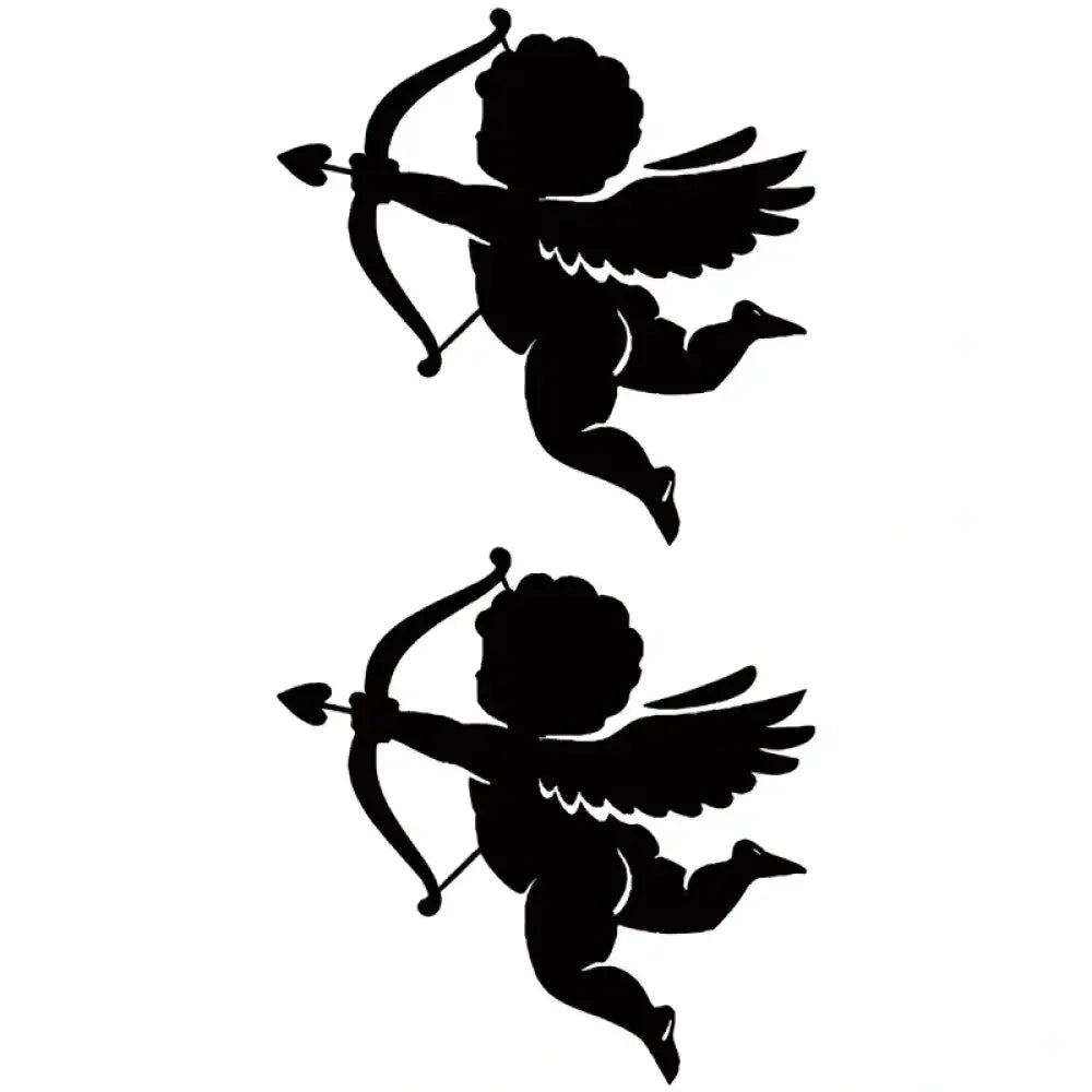 Two flying cupids black silhouettes with bows and heart arrows for Cupids Arrow small tattoo sticker