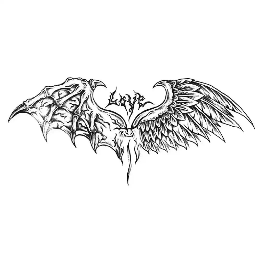Angel & Devil Love tattoo sticker with skeletal demonic and feathered angelic wings joined by Love
