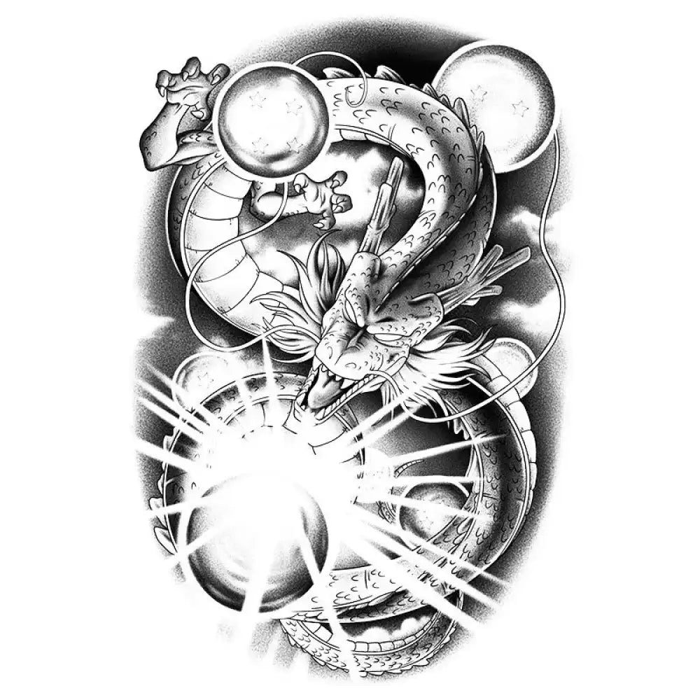 Grayscale dragon balls tattoo sticker of coiling dragon around glowing orbs
