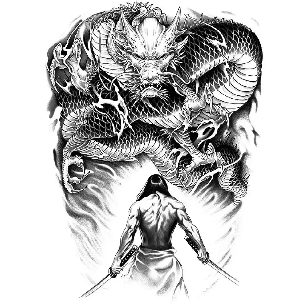Fierce dragon slayer samurai tattoo sticker design in black and white