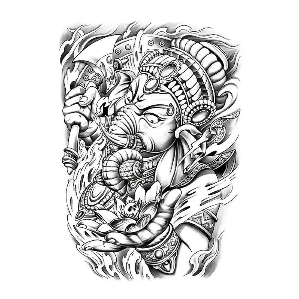 Black and white elephant god tattoo design with axe and lotus