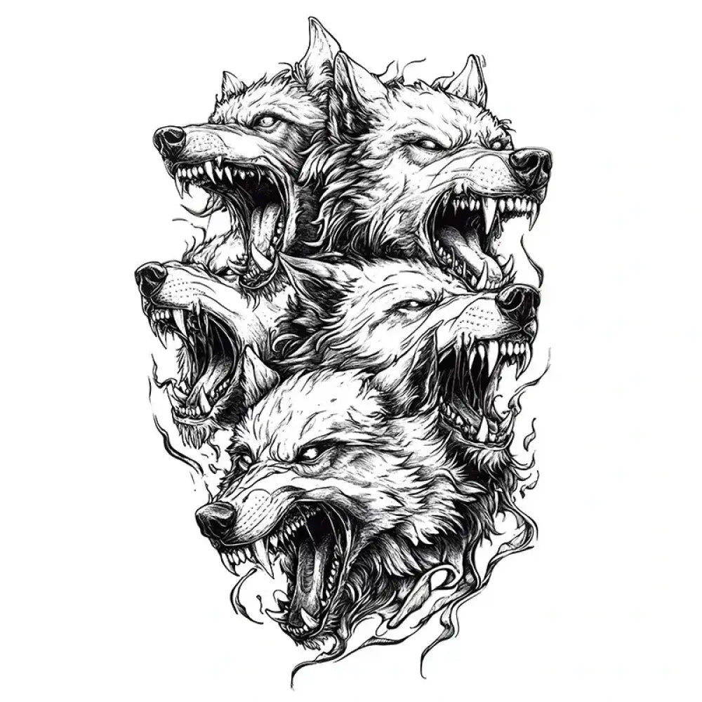 Five snarling wolf heads stack in small five wolves tattoo sticker design
