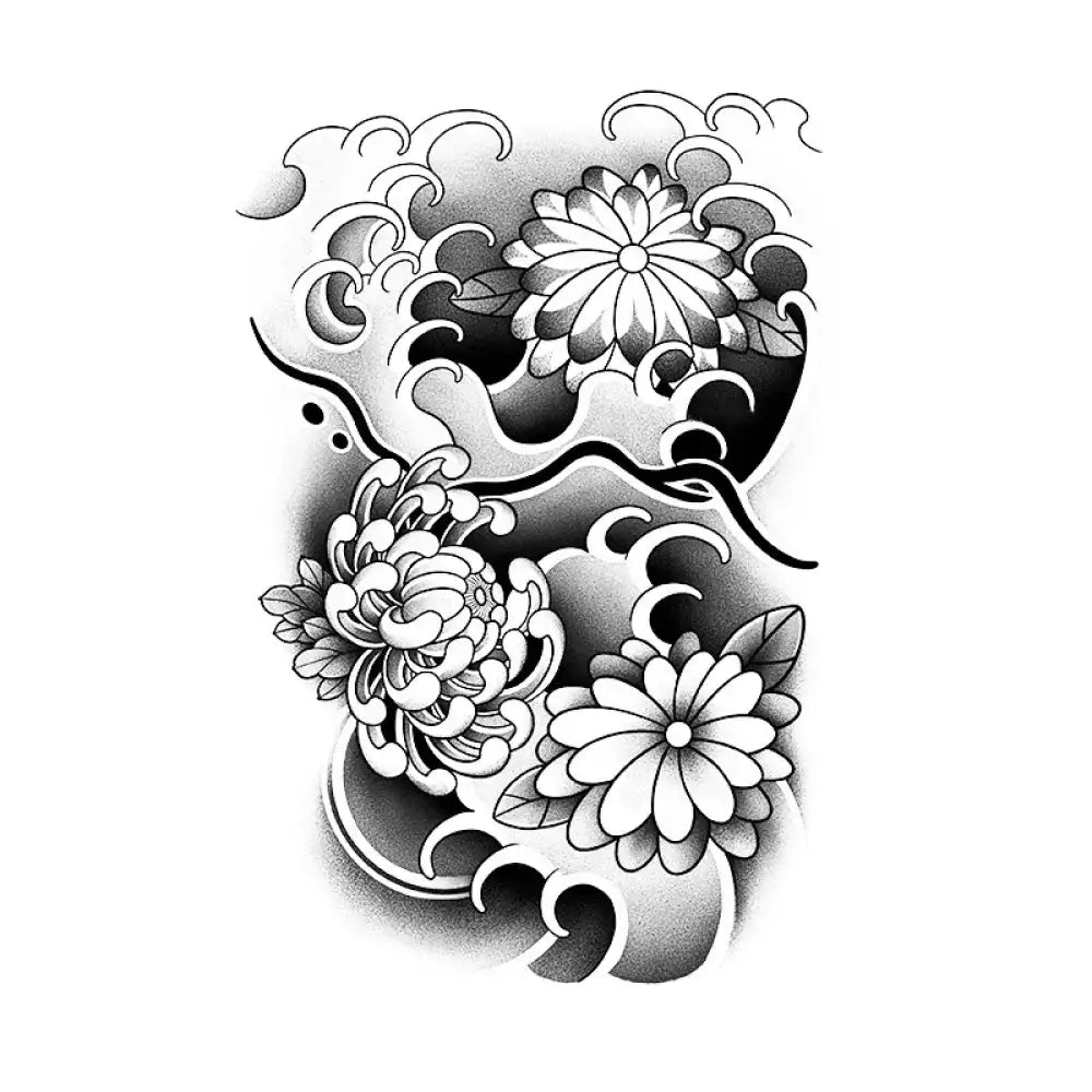 Black and white Japanese tattoo sticker of chrysanthemums and waves, Floating Bloom design