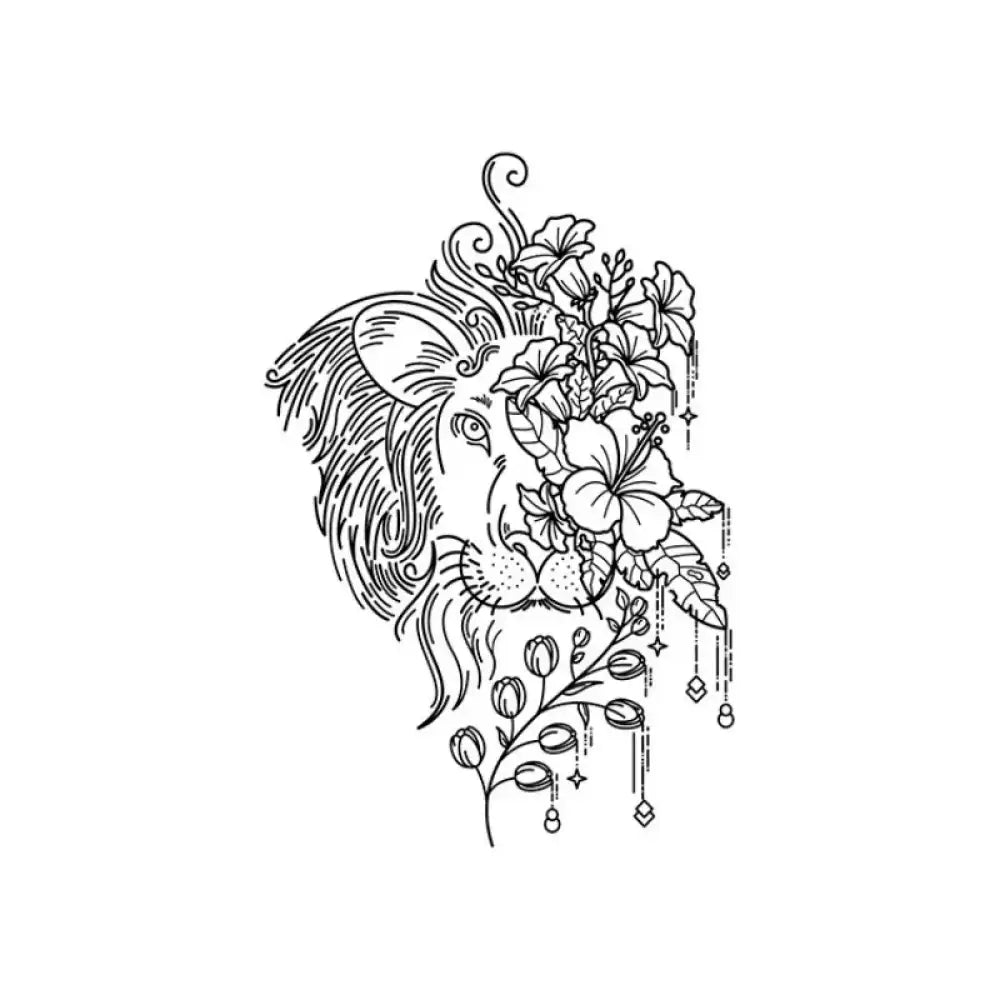 Floral lion linework tattoo sticker with adorned head