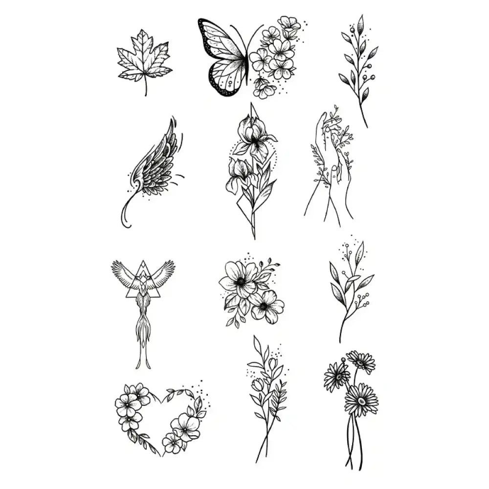 Black and white botanical tattoo sticker floral minis set for temporary body art