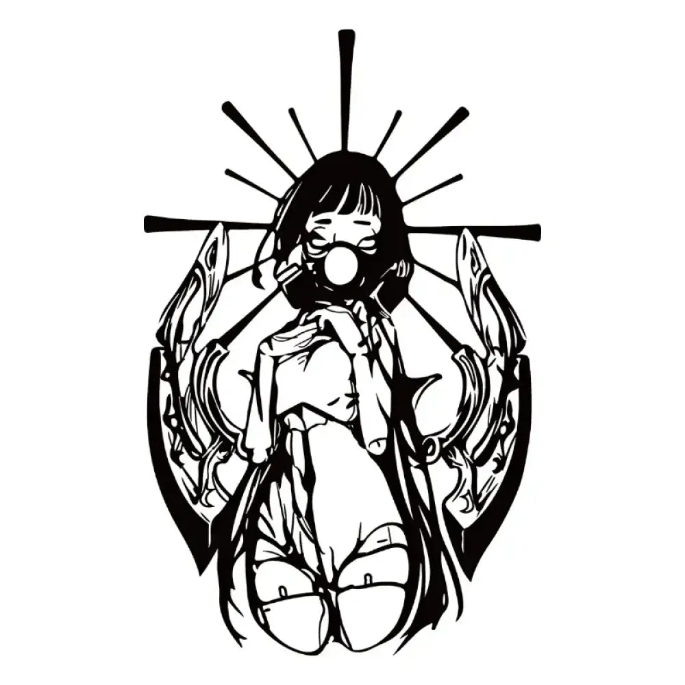 Black and white anime graphic character girl with gas mask and halo