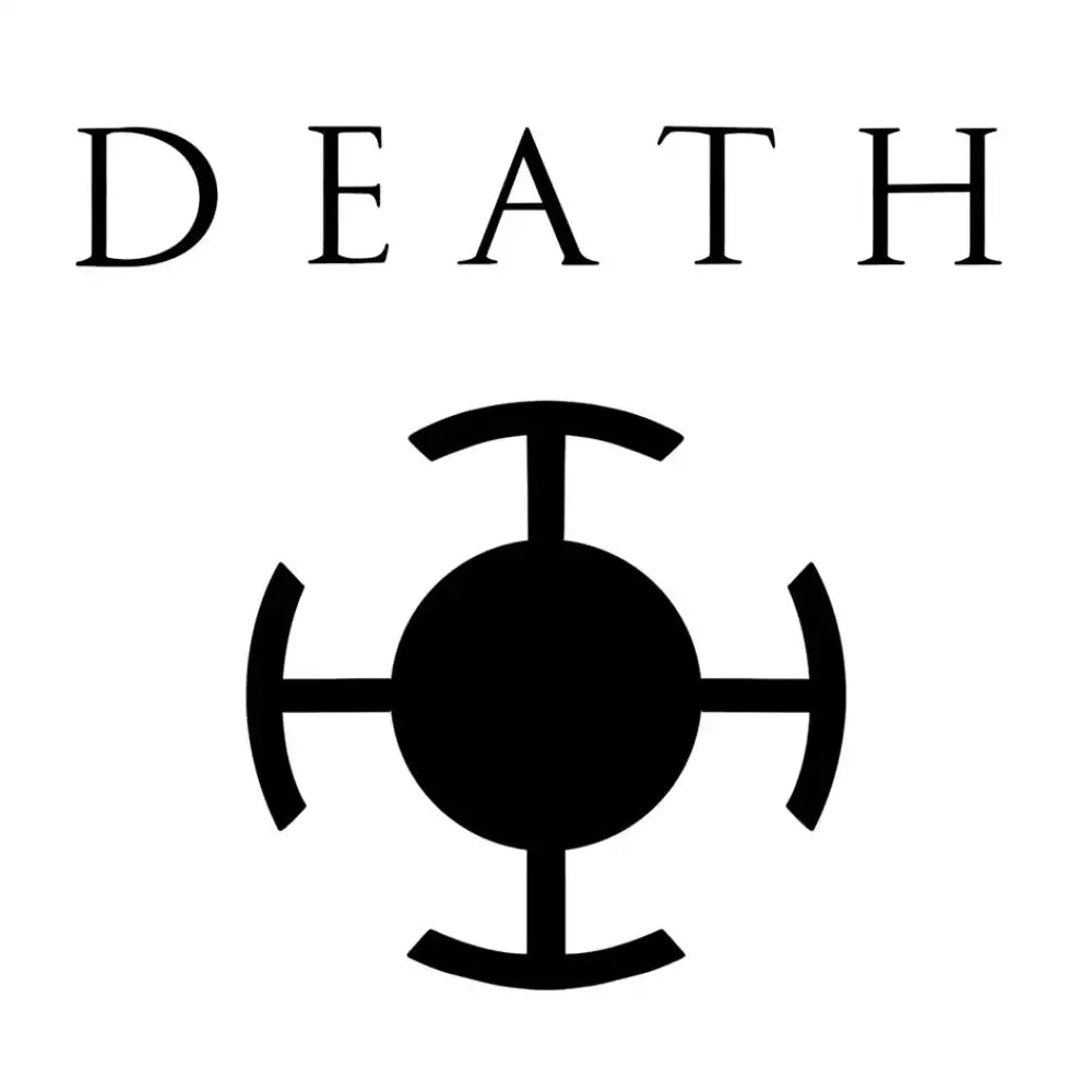 Law’s Hand Tattoo sticker from One Piece: white square with DEATH text and black cross symbol