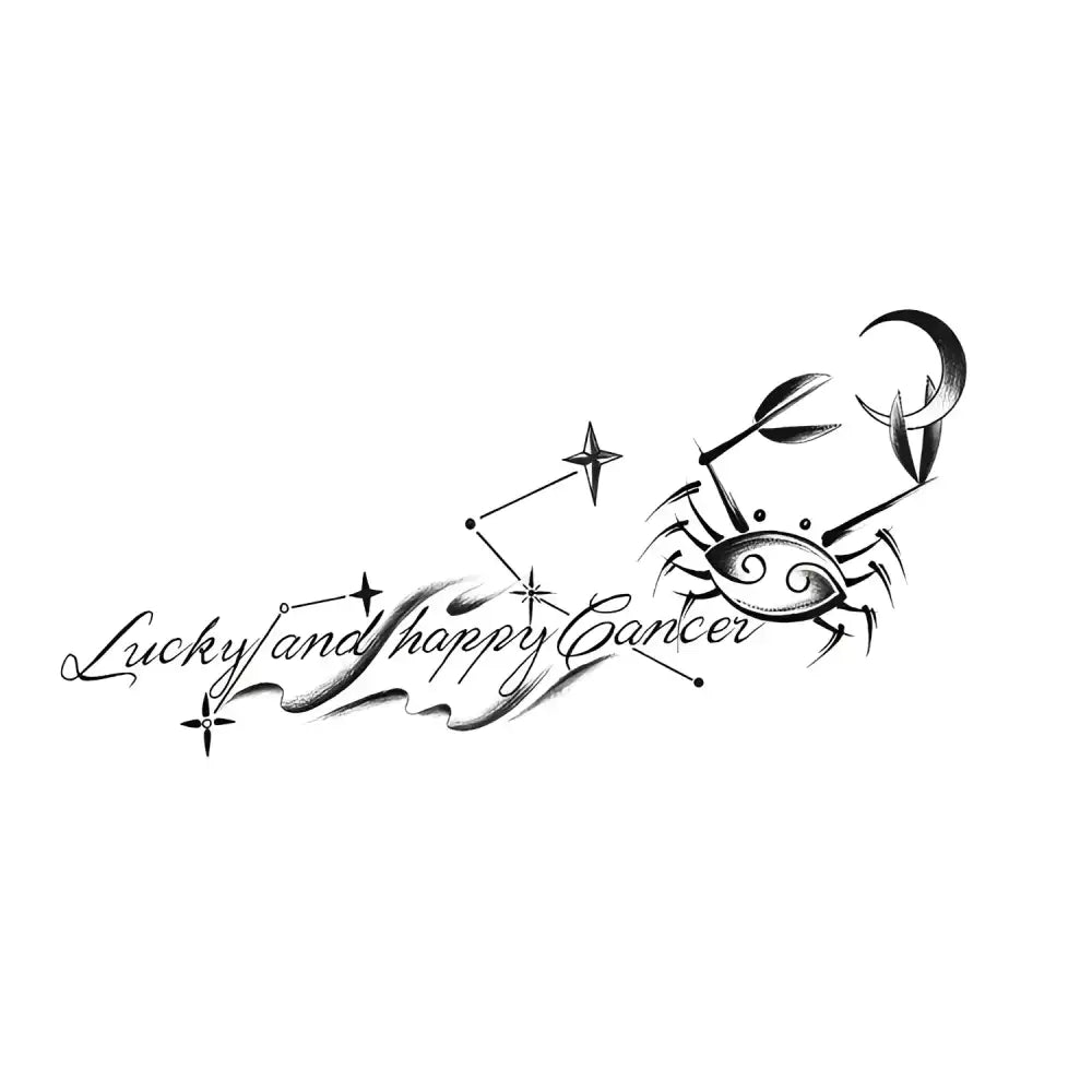 Stylized black and white Cancer zodiac small tattoo sticker with constellation and script for Lucky & Happy Cancer