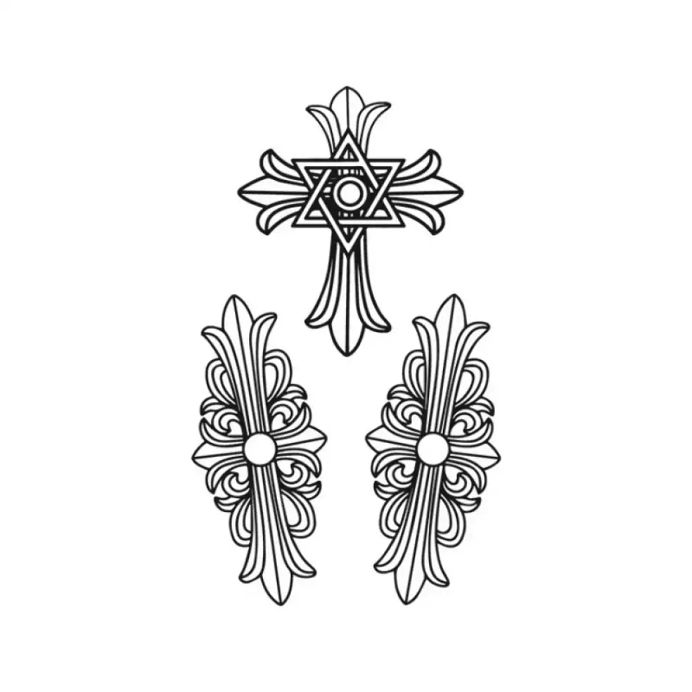 Three ornate black outline crosses in hexagram set for small tattoo stickers