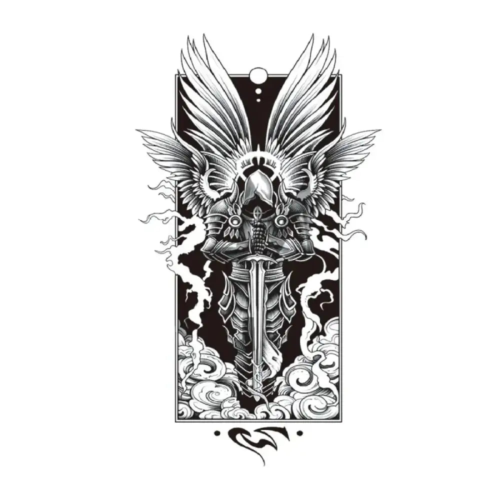 Black and white sketch of Holy Knight armored angel with wings and sword tattoo sticker