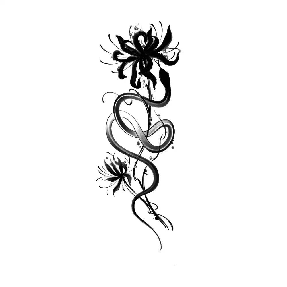 Black and white snake and spider lily ink blooming coil tattoo sticker design