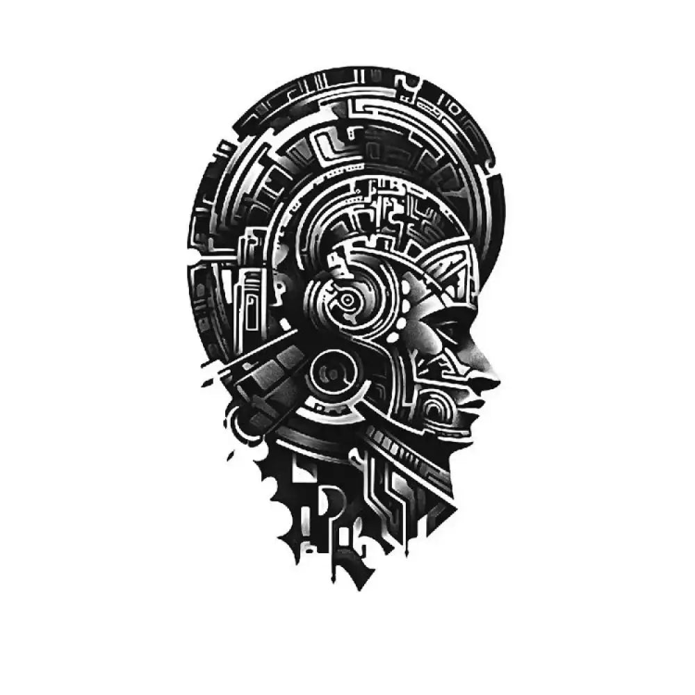 Stylized black and white intelligent cyborg head tattoo sticker