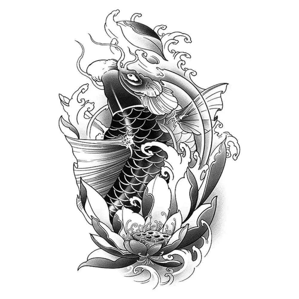 Black and white koi fish with lotus flower and waves small tattoo sticker
