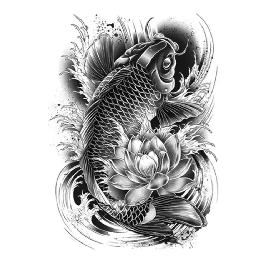 Black and white koi fish with lotus flower in waves, tattoo sticker design