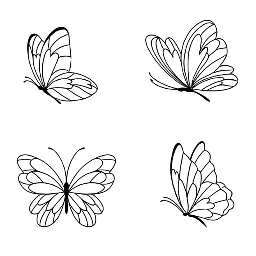Linework butterflies set: four outline drawings in various poses