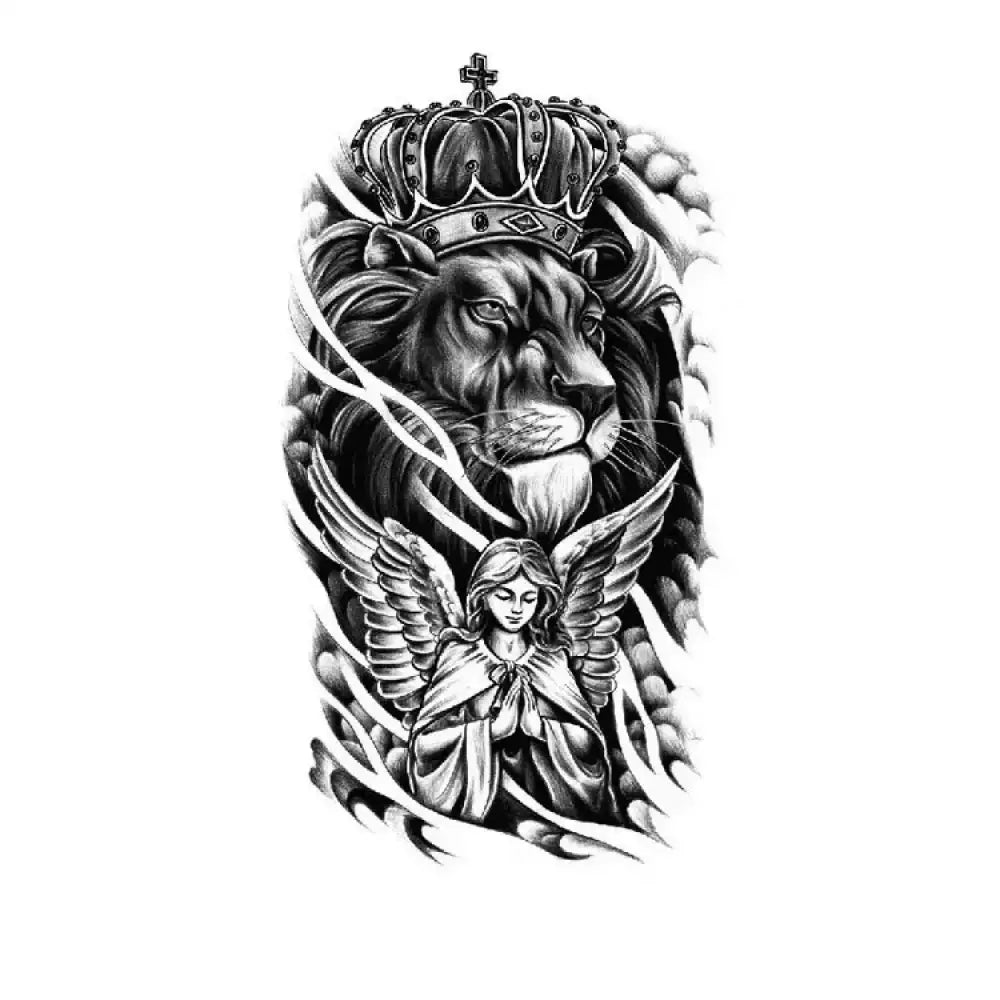 Monochrome Lion King small tattoo of crowned lion and praying angel