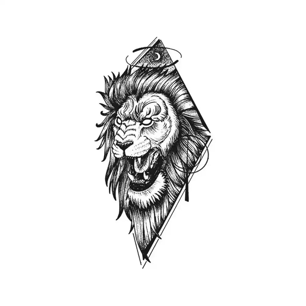 Stylized lunar lion diamond tattoo sticker with roaring mane and stars