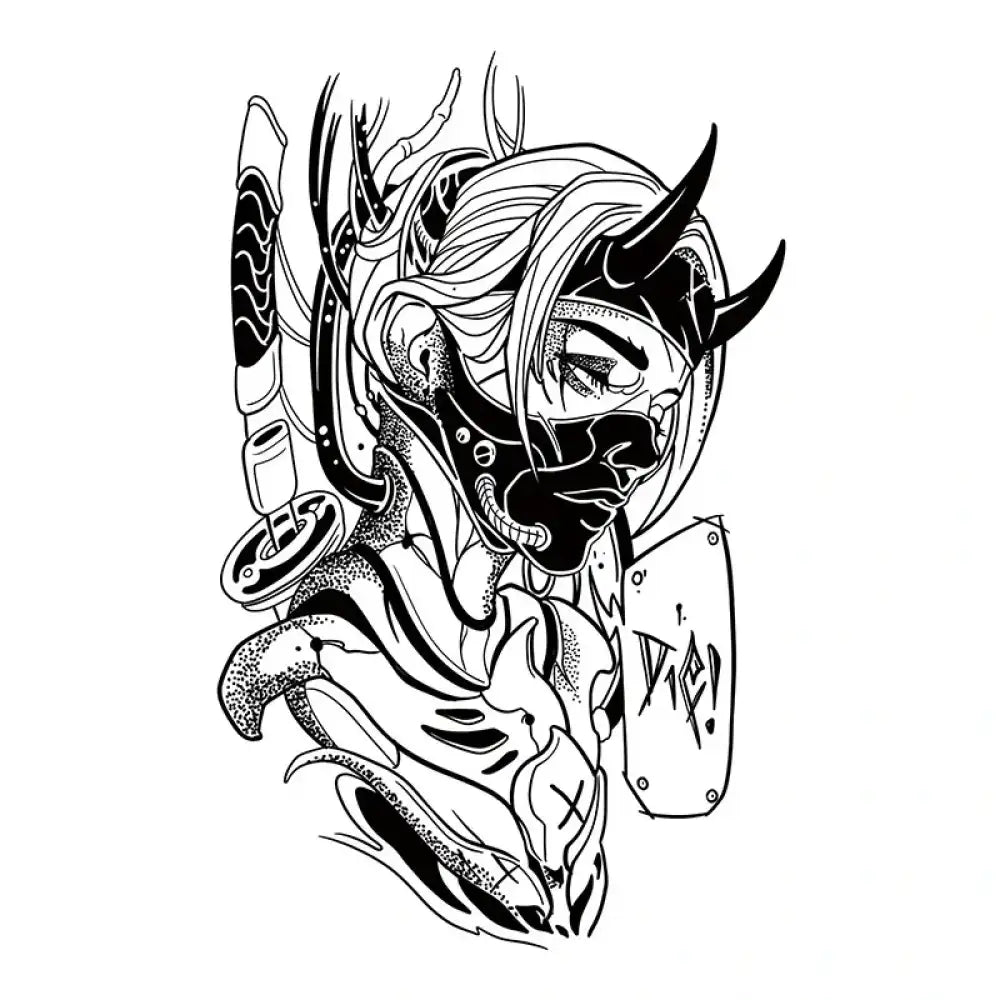 Black and white stylized tattoo sticker of a masked assassin with horns and a mask