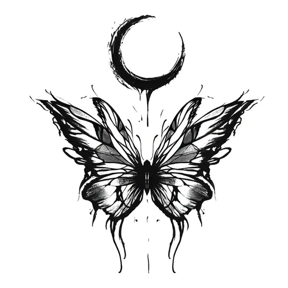 Grayscale Moon Shadow Butterfly tattoo sticker with intricate wings and distressed crescent moon