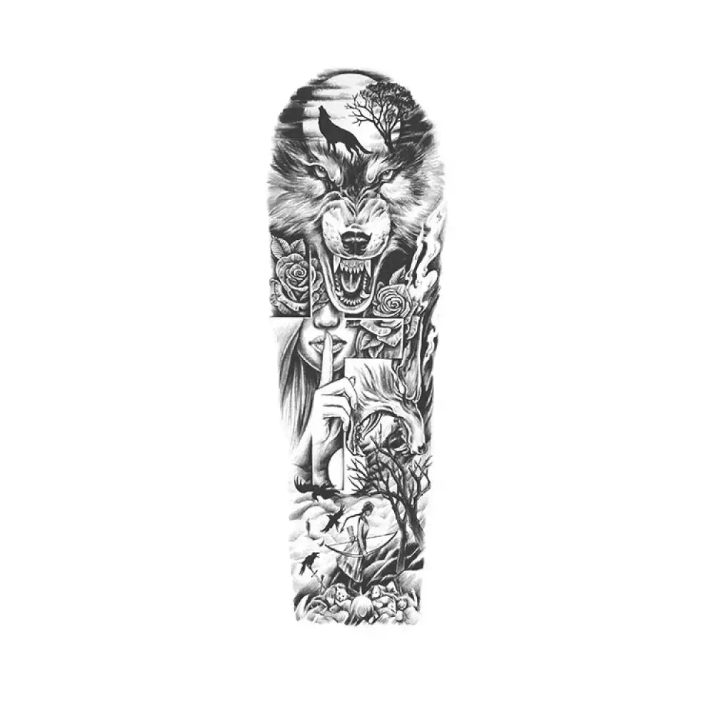 Night Wolf & Huntress black and white sleeve tattoo sticker design