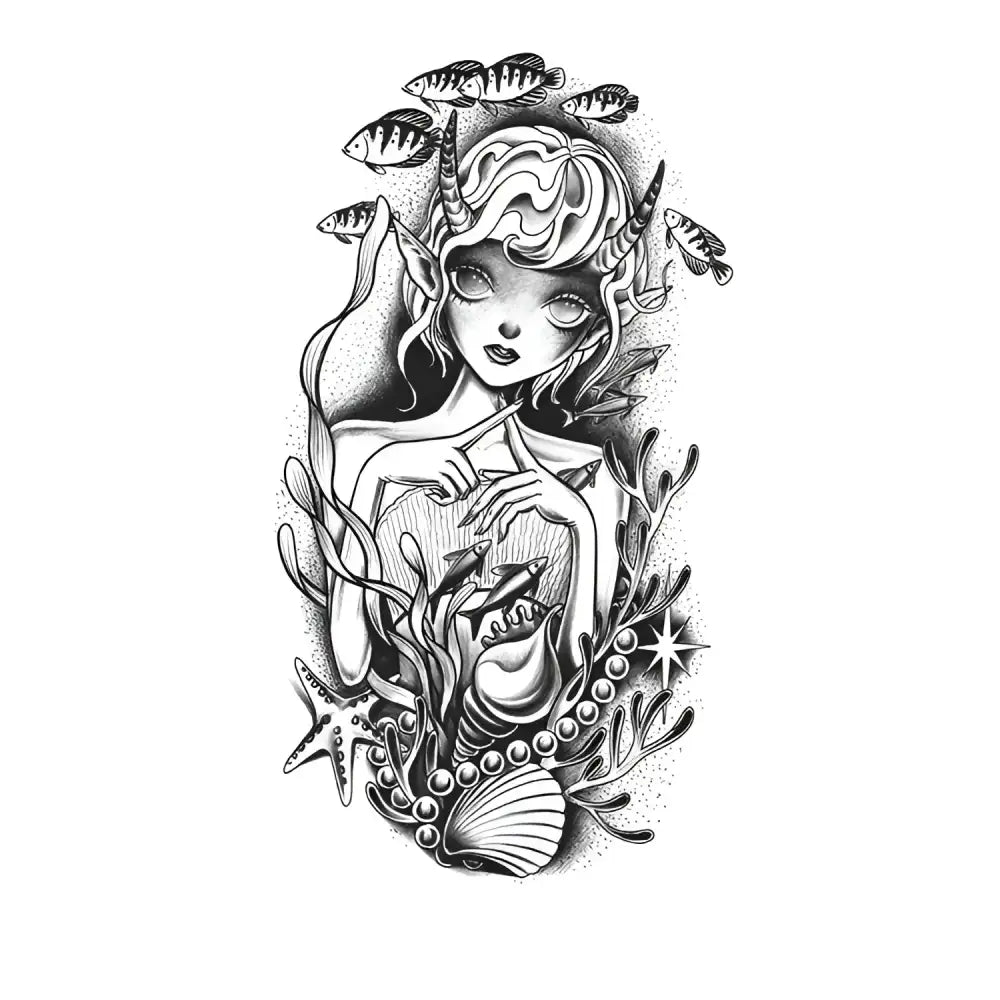 Ocean Girl black and white ethereal mermaid tattoo sticker design