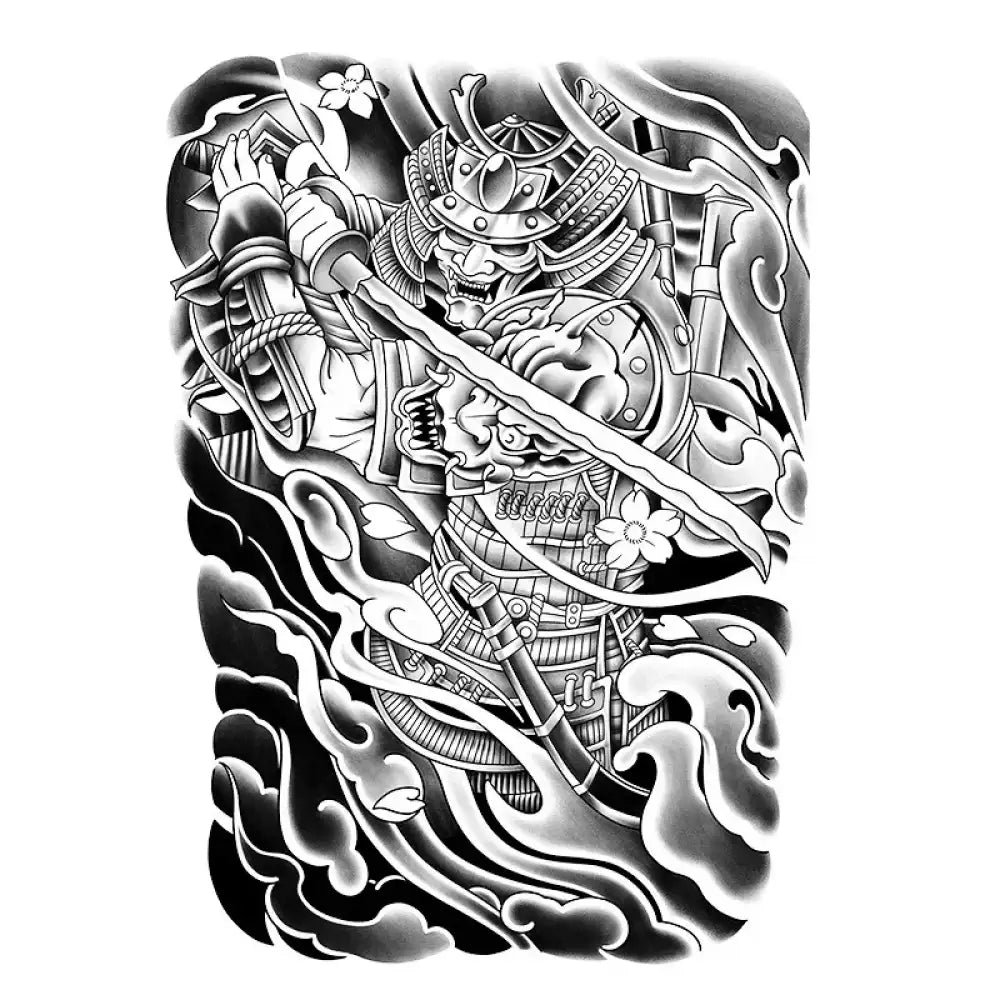 Oni Shogun black and white samurai tattoo sticker with horned mask and katana