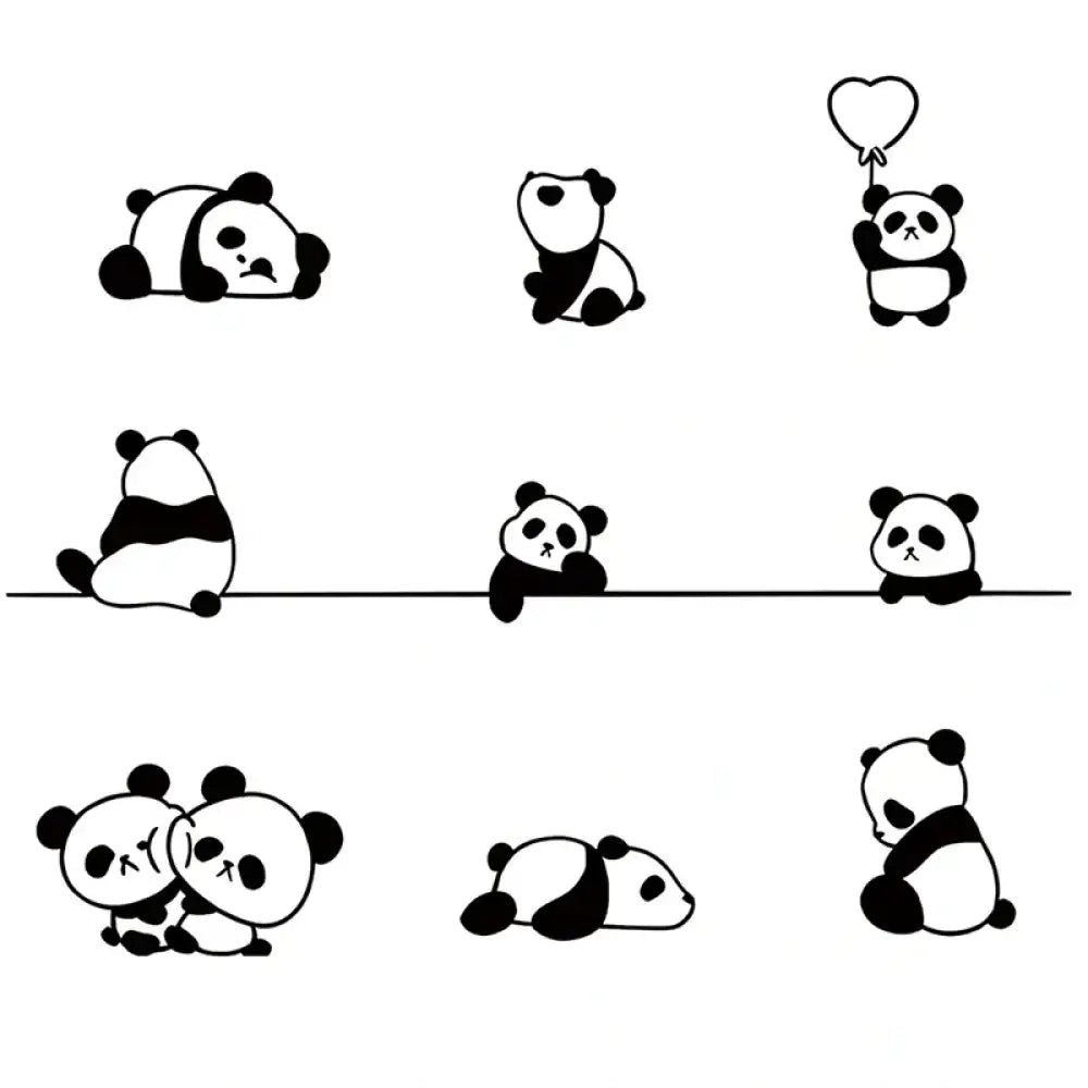 Nine panda minis in various poses as small tattoo stickers