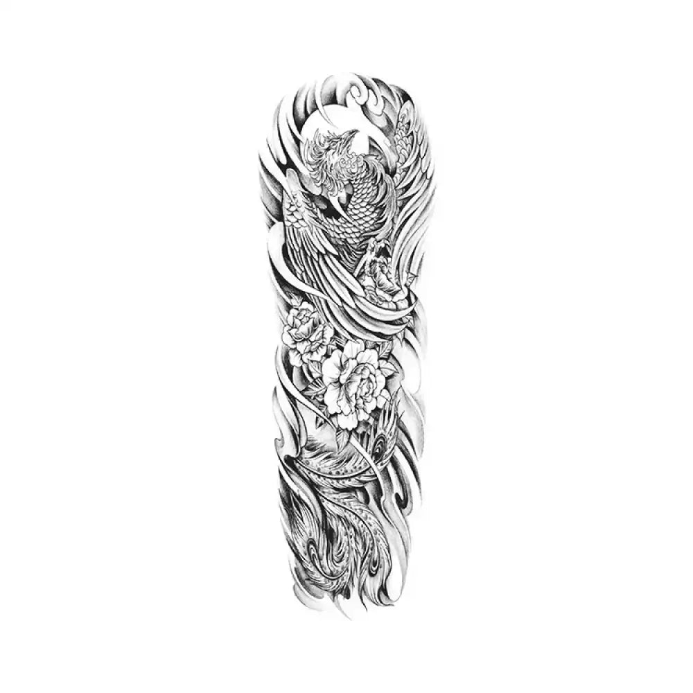 Black and white phoenix tattoo sticker sleeve over Peony Court with roses