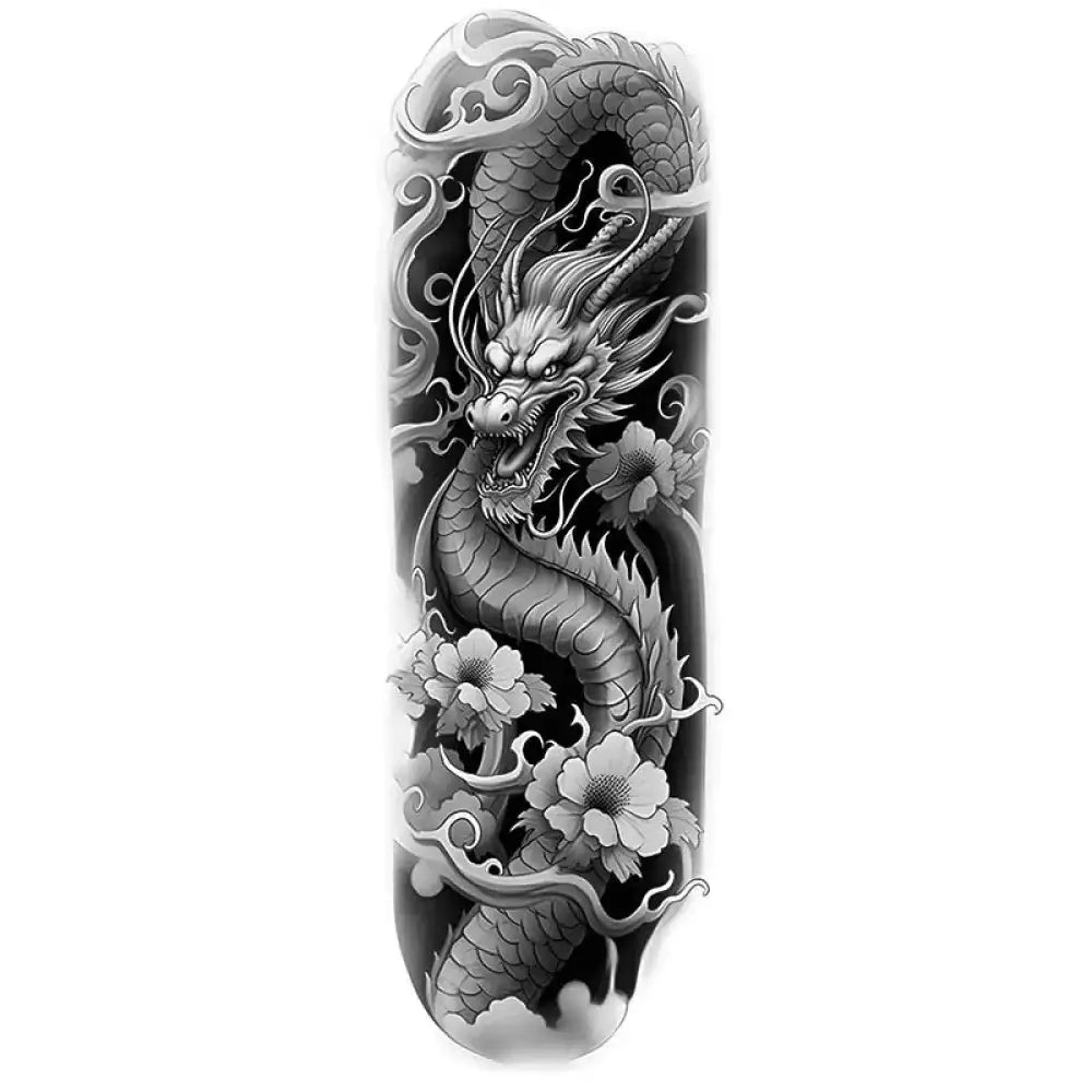 Grayscale Qinglong Dragon tattoo sticker with peonies and clouds
