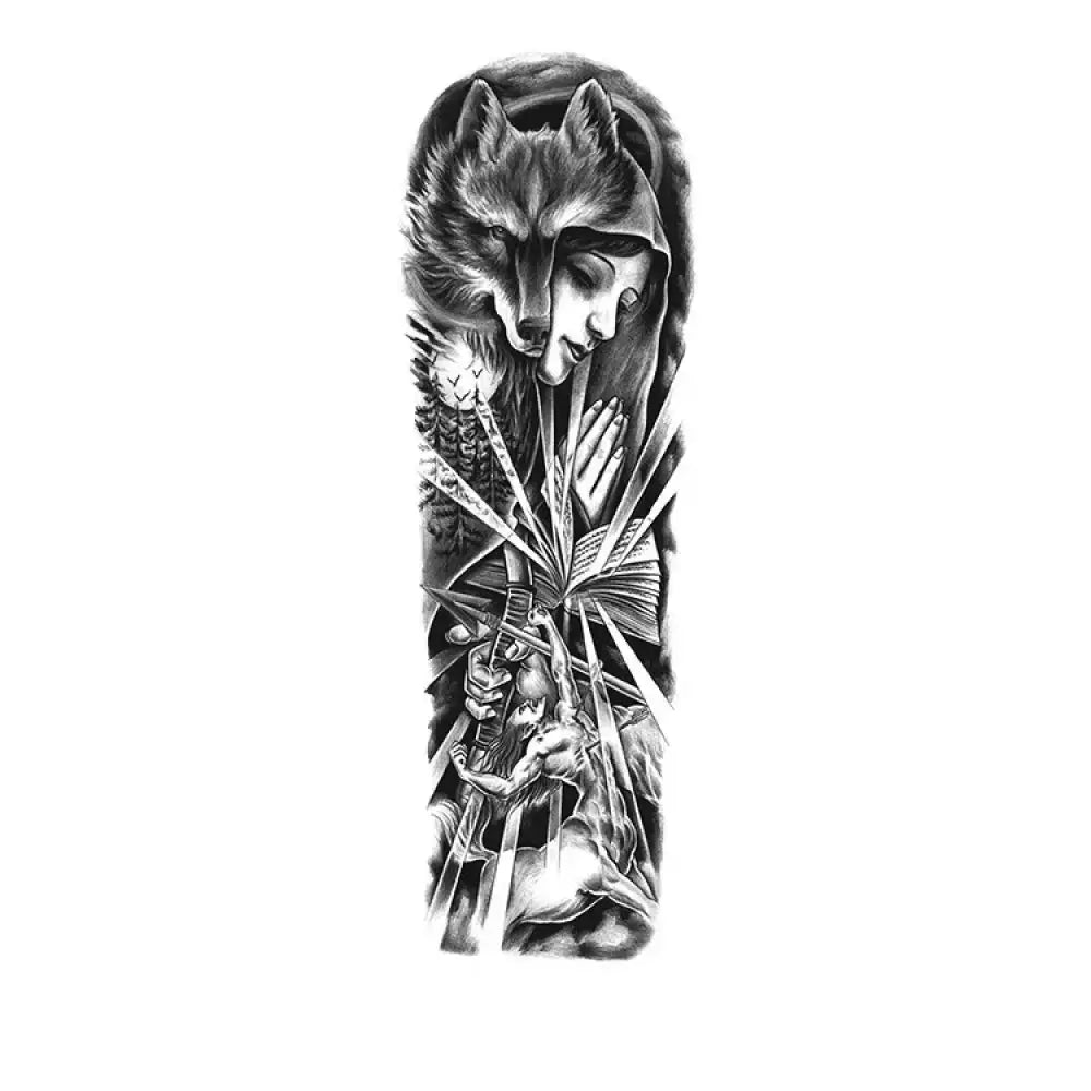 Shadow Prayer tattoo sticker: wolf head embracing veiled praying woman