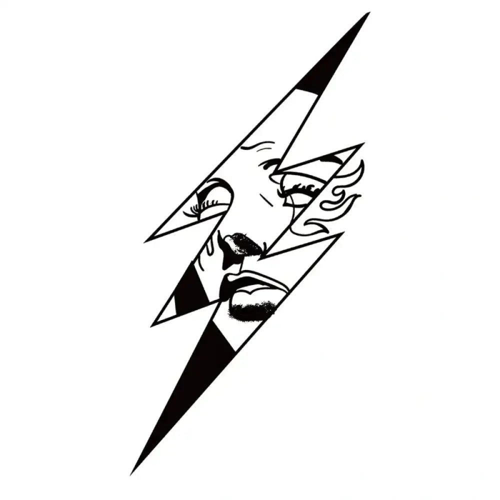 Shattered Bolt Portrait: black-and-white lightning bolt with woman’s face tattoo sticker