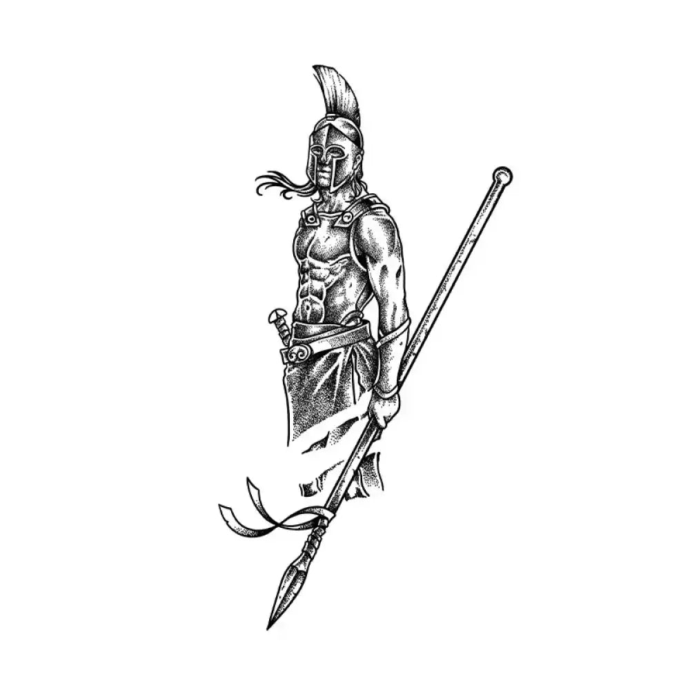 Black and white Spartan Warrior tattoo sticker illustration holding a spear for small tattoos