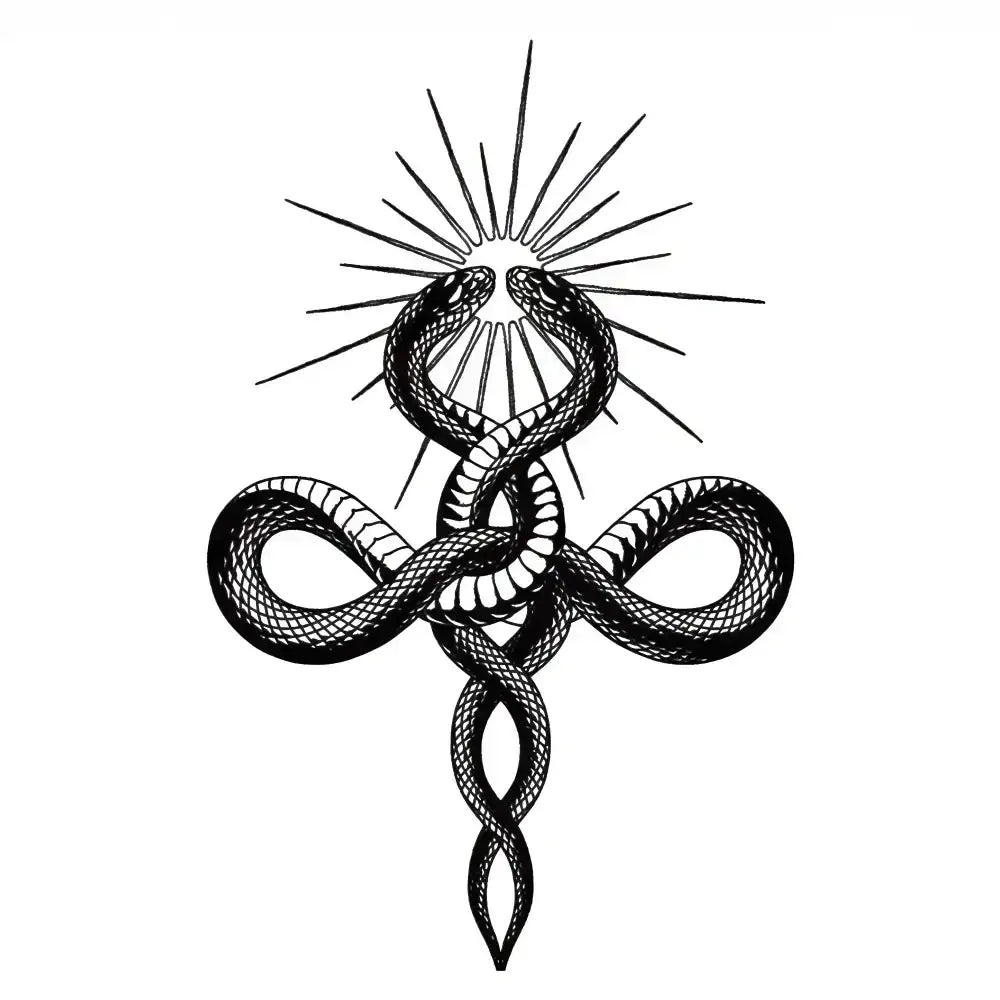 Snakes & Star Light tattoo sticker: intertwined snakes cross with radiant star light