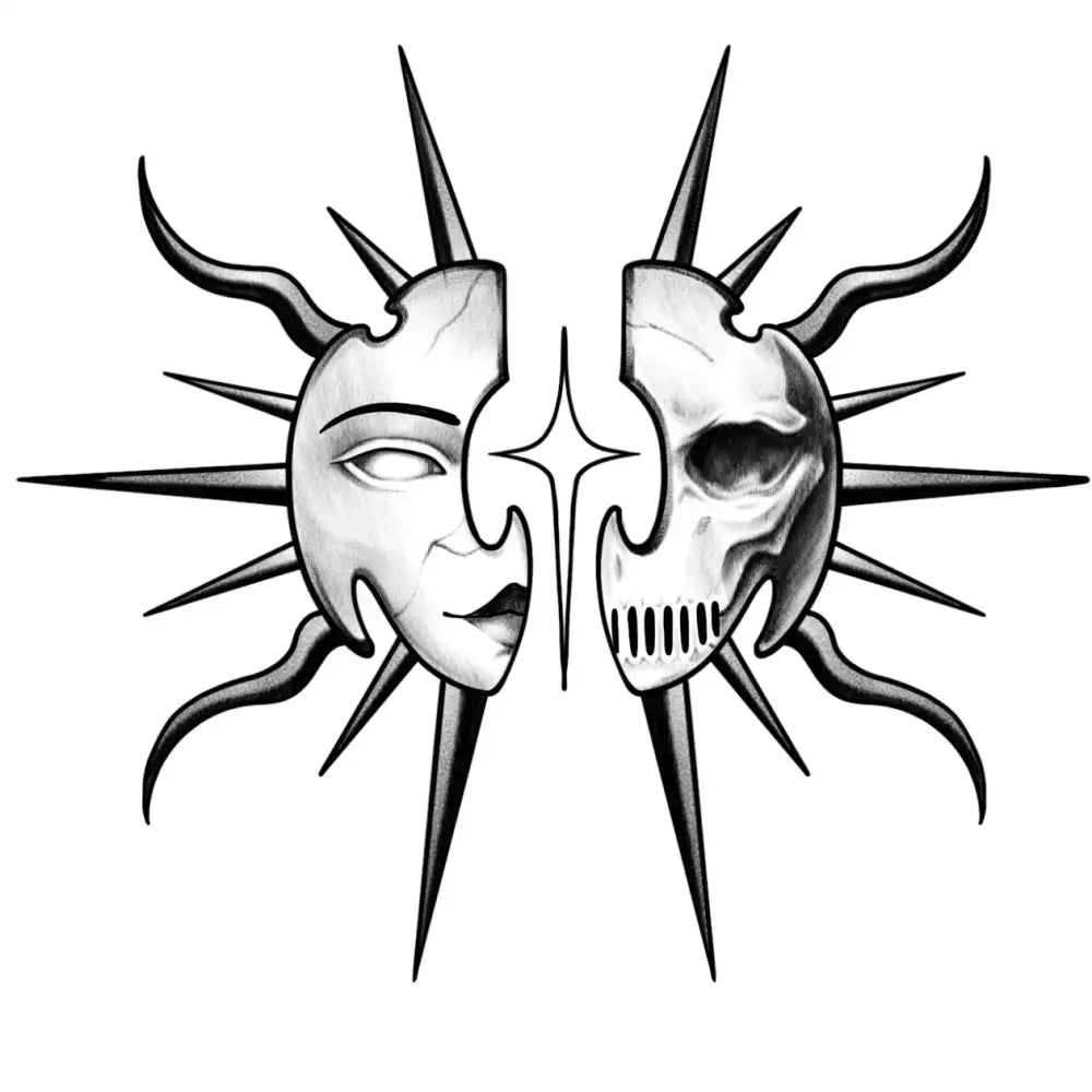 Split sun mask tattoo sticker with half human face and half skull