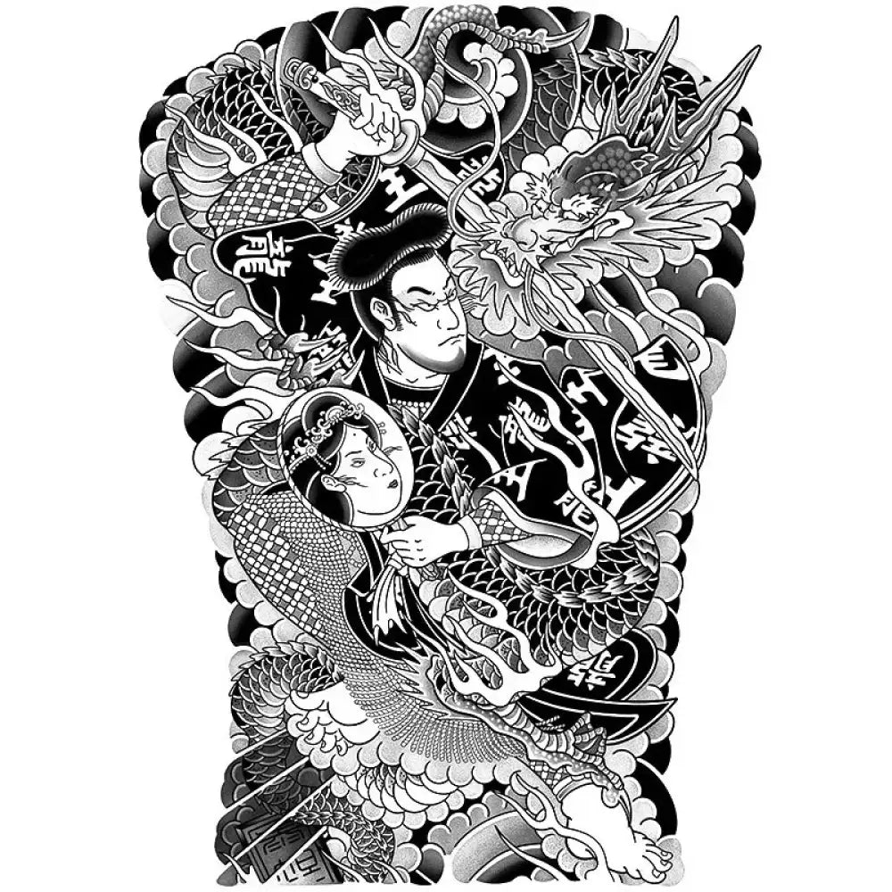 Black and white Susanoo slaying Yamata no Orochi tattoo sticker design