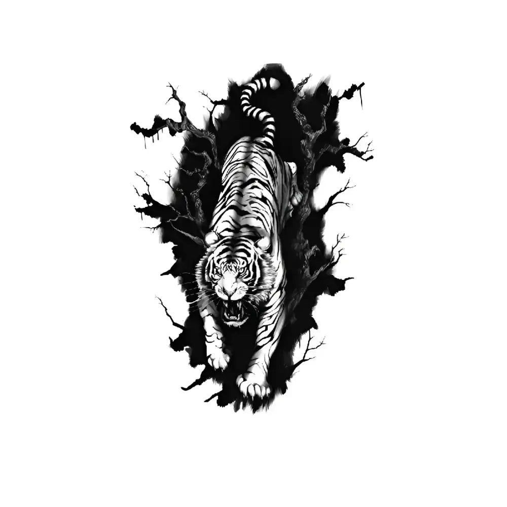 Aggressive tiger approaching with bared fangs in dark forest, small tattoo sticker