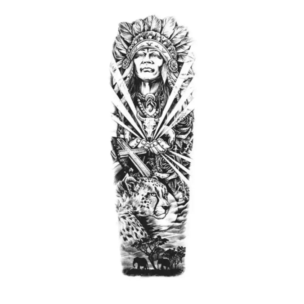 Tribal Chief black and white tattoo sticker of Native American chief, cheetah, elephants